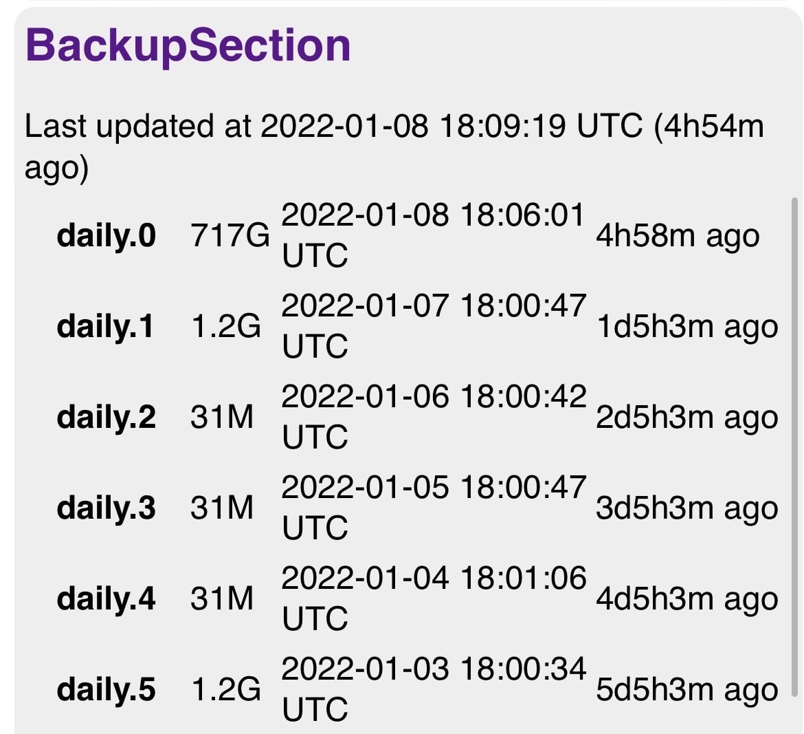 screenshot of a webpage with a list of backup times in a table