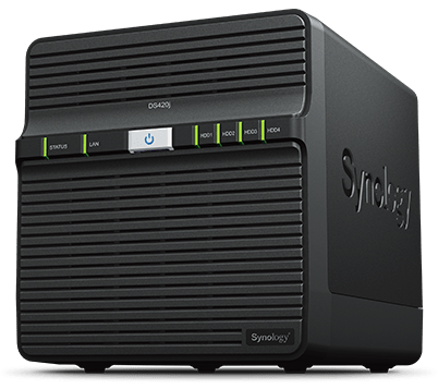 A marketing image of a Synology DS420j NAS