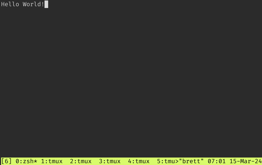 screenshot of tmux in a terminal with "Hello world" printed in the top left